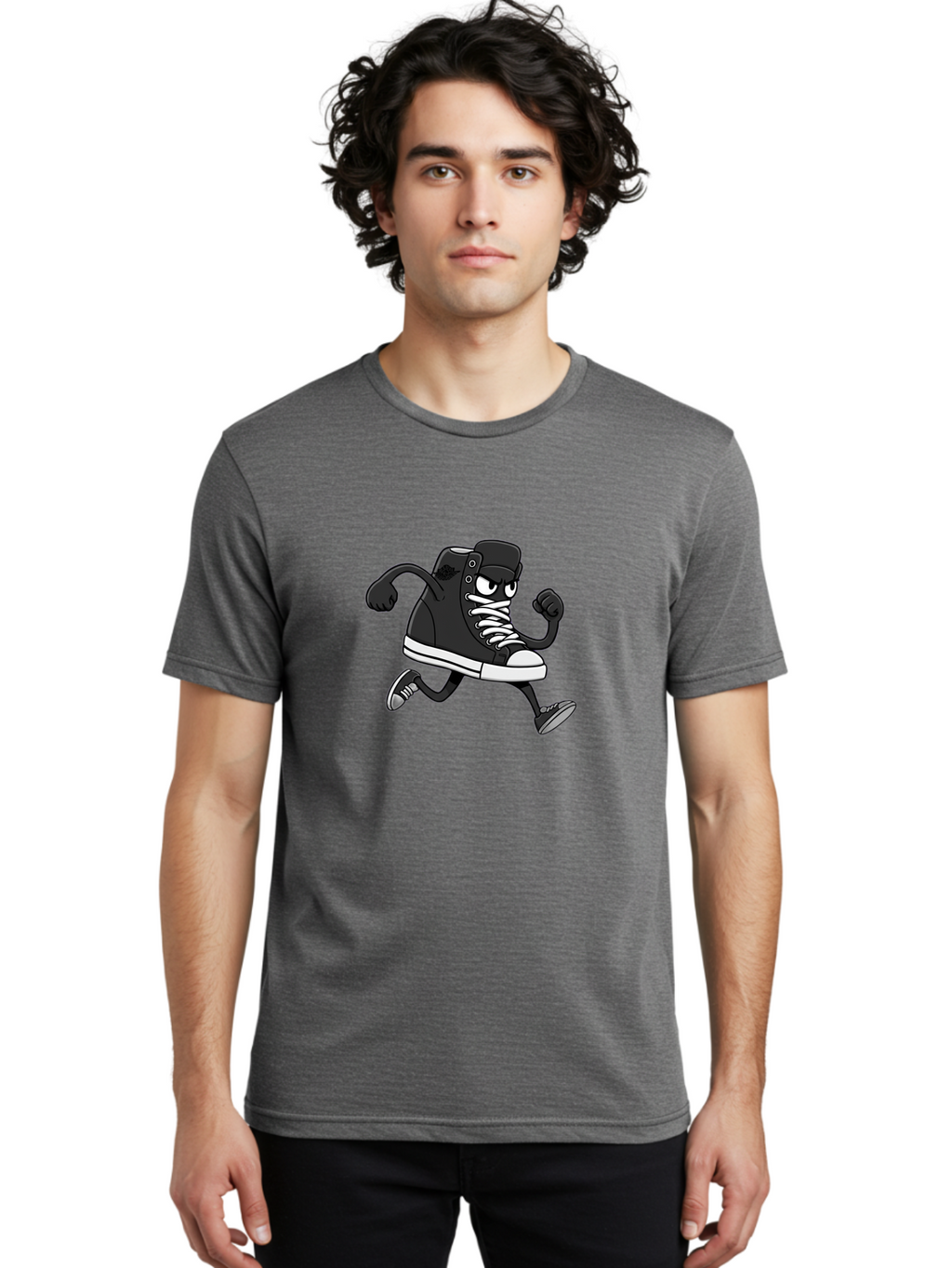 Sneaker-Character Men'S Graphic Tee, 100% Cotton, Comfortable Casual Summer Wear, Machine Washable, Cartoon Sneaker, Running Shoe, Black Converse, White Laces, Funny Character, Animated Footwear, Playful Design, Comic Illustration Bab429