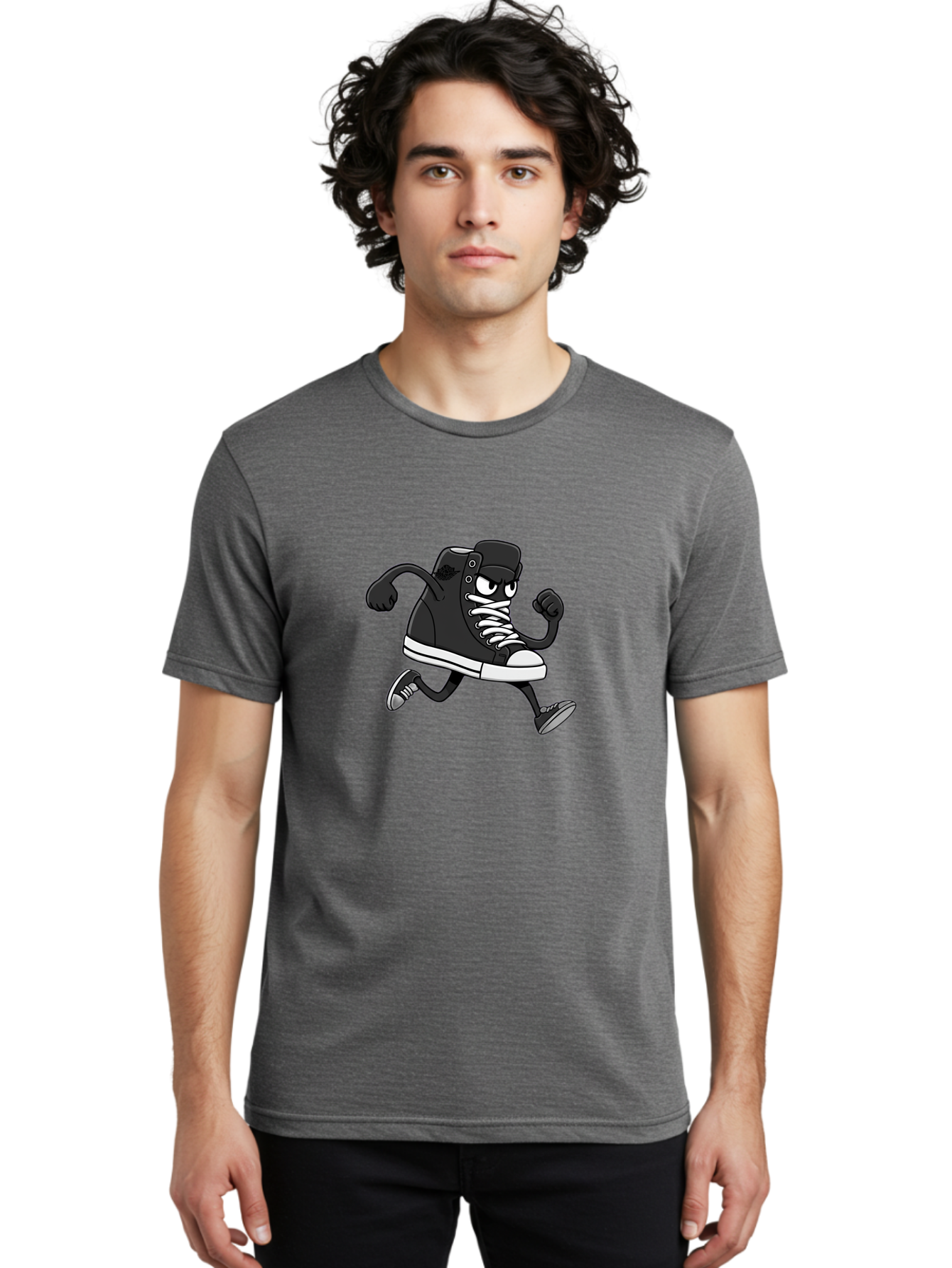 Sneaker-Character Men'S Graphic Tee, 100% Cotton, Comfortable Casual Summer Wear, Machine Washable, Cartoon Sneaker, Running Shoe, Black Converse, White Laces, Funny Character, Animated Footwear, Playful Design, Comic Illustration Bab429