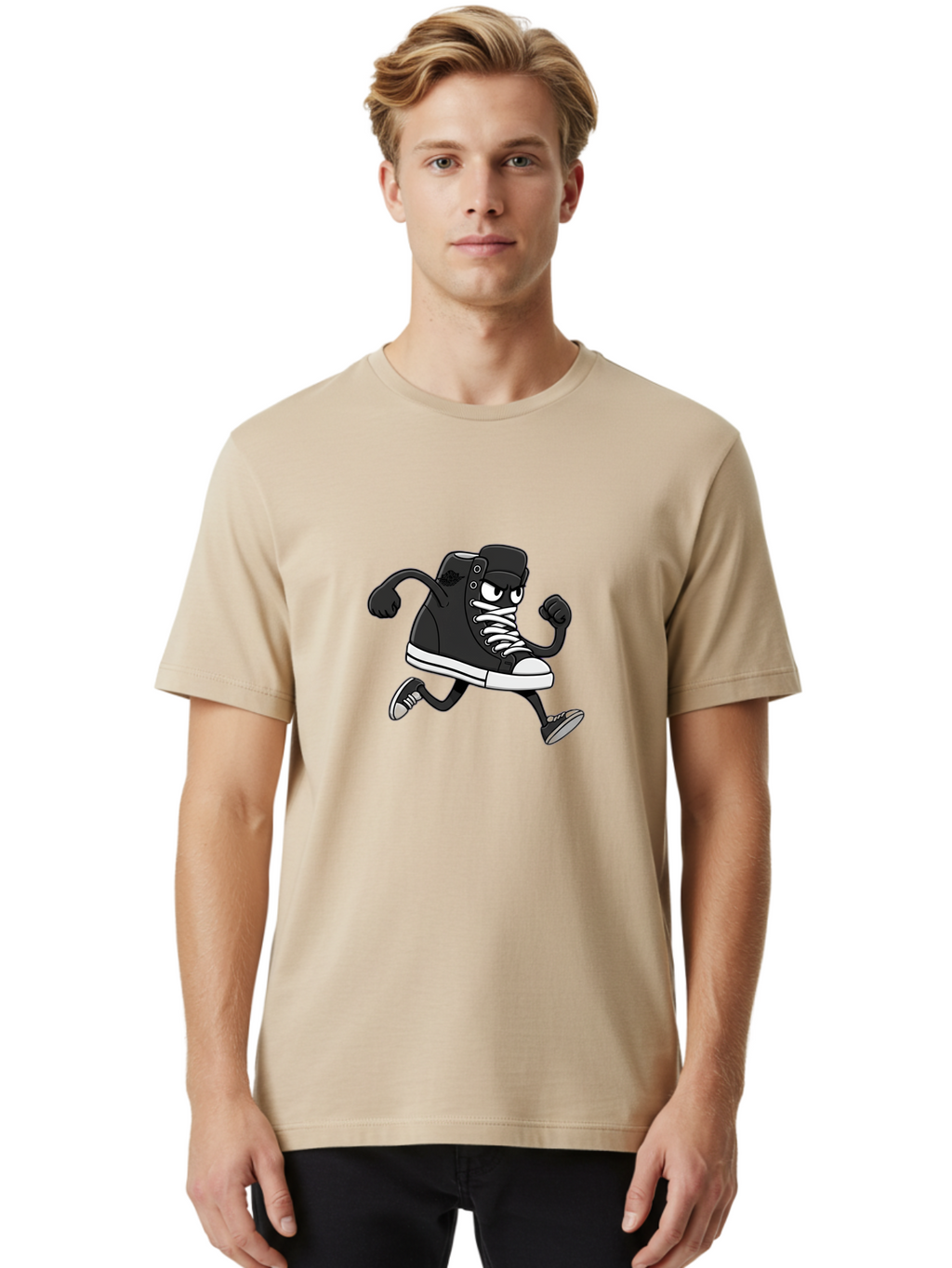 Sneaker-Character Men'S Graphic Tee, 100% Cotton, Comfortable Casual Summer Wear, Machine Washable, Cartoon Sneaker, Running Shoe, Black Converse, White Laces, Funny Character, Animated Footwear, Playful Design, Comic Illustration Bab429