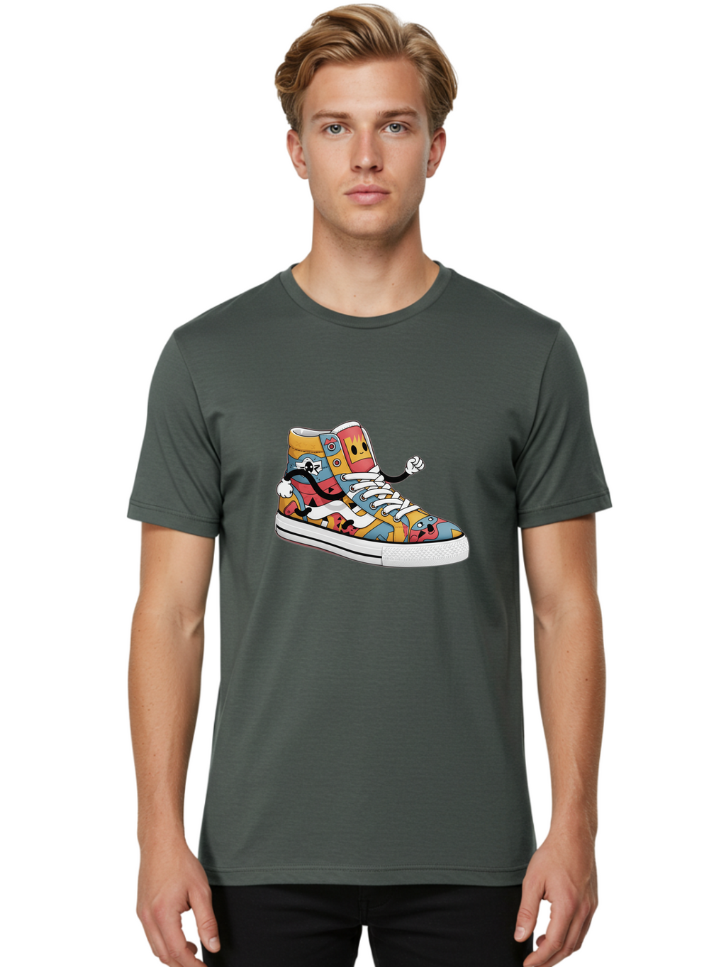 Sneaker Men'S Graphic Tee, 100% Cotton, Comfortable Casual Summer Wear, Machine Washable, Sneaker With Emojis, Cartoon Shoe, Colorful Footwear, Playful Design, Funky Style, Emoji Fashion, Streetwear, Animated Sneaker, Vibrant Colors Bab430