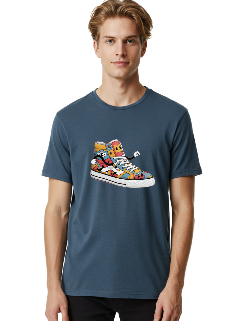 Sneaker Men'S Graphic Tee, 100% Cotton, Comfortable Casual Summer Wear, Machine Washable, Sneaker With Emojis, Cartoon Shoe, Colorful Footwear, Playful Design, Funky Style, Emoji Fashion, Streetwear, Animated Sneaker, Vibrant Colors Bab430
