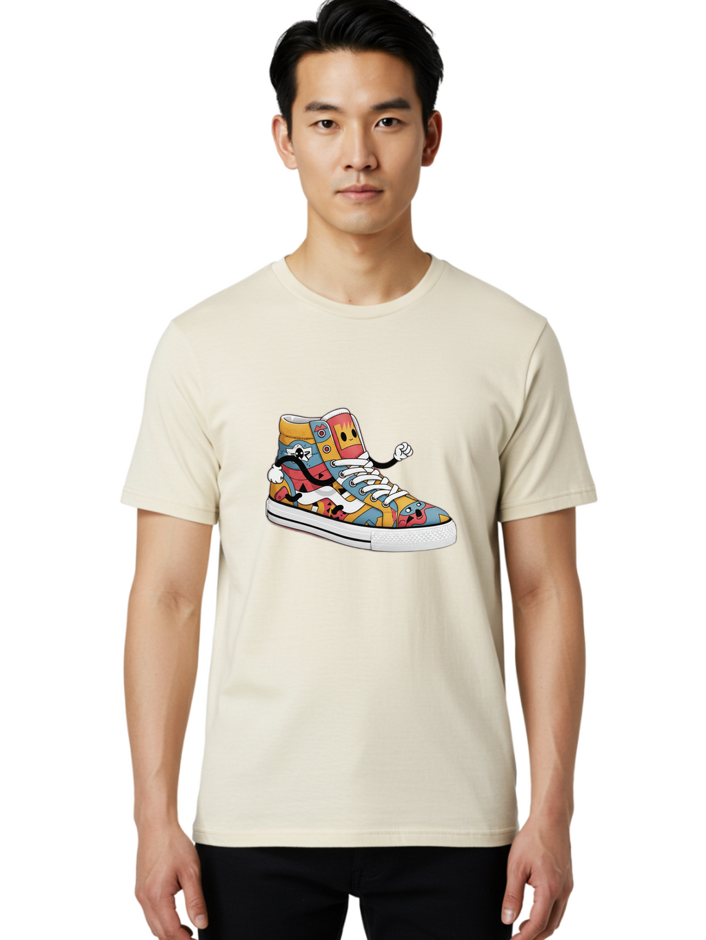 Sneaker Men'S Graphic Tee, 100% Cotton, Comfortable Casual Summer Wear, Machine Washable, Sneaker With Emojis, Cartoon Shoe, Colorful Footwear, Playful Design, Funky Style, Emoji Fashion, Streetwear, Animated Sneaker, Vibrant Colors Bab430