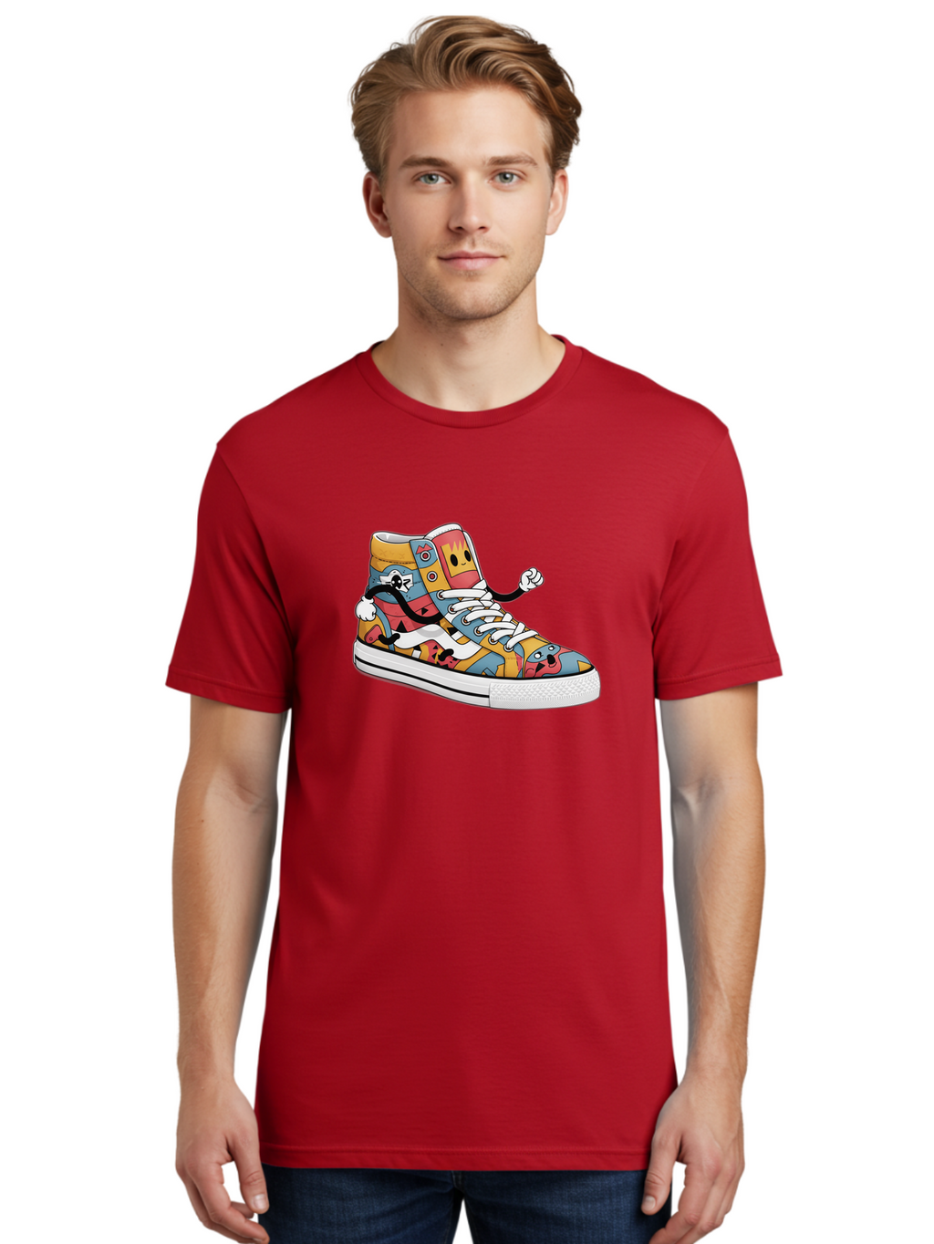 Sneaker Men'S Graphic Tee, 100% Cotton, Comfortable Casual Summer Wear, Machine Washable, Sneaker With Emojis, Cartoon Shoe, Colorful Footwear, Playful Design, Funky Style, Emoji Fashion, Streetwear, Animated Sneaker, Vibrant Colors Bab430