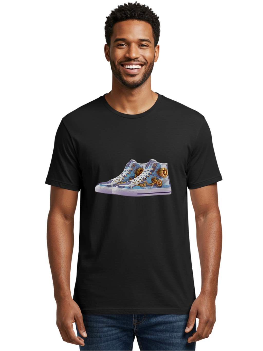 Sneakers-With-Gear-Pattern Men'S Graphic Tee, 100% Cotton, Comfortable Casual Summer Wear, Machine Washable, High-Top Sneakers, Blue And Purple Swirl, Gold Gears, Mechanical Design, White Laces, Fashion Footwear, Statement Shoes, Streetwear, Bab431