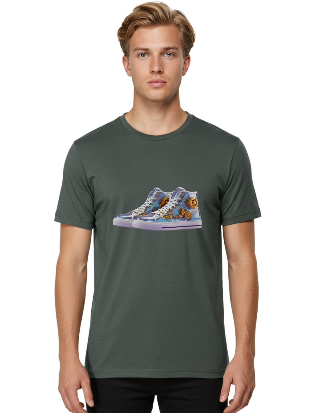 Sneakers-With-Gear-Pattern Men'S Graphic Tee, 100% Cotton, Comfortable Casual Summer Wear, Machine Washable, High-Top Sneakers, Blue And Purple Swirl, Gold Gears, Mechanical Design, White Laces, Fashion Footwear, Statement Shoes, Streetwear, Bab431
