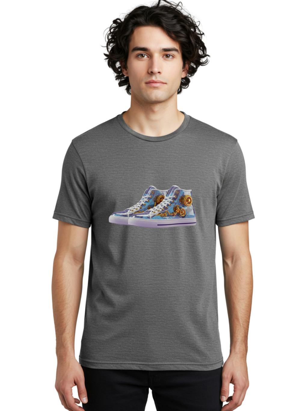 Sneakers-With-Gear-Pattern Men'S Graphic Tee, 100% Cotton, Comfortable Casual Summer Wear, Machine Washable, High-Top Sneakers, Blue And Purple Swirl, Gold Gears, Mechanical Design, White Laces, Fashion Footwear, Statement Shoes, Streetwear, Bab431