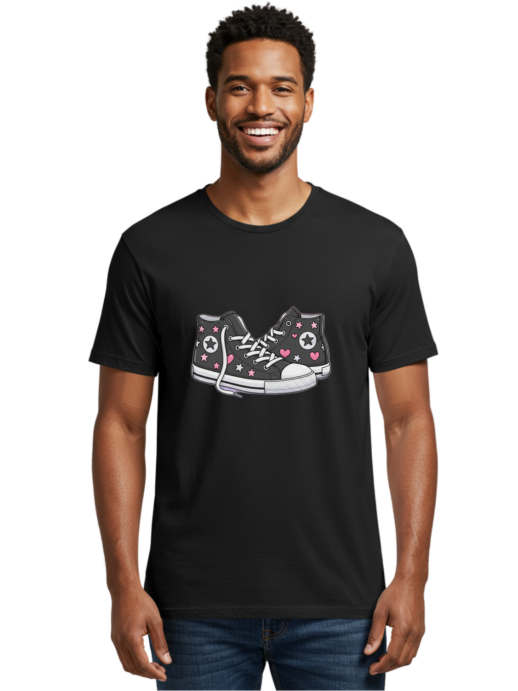 Sneakers-With-Stars-And-Hearts Men'S Graphic Tee, 100% Cotton, Comfortable Casual Summer Wear, Machine Washable, Custom Sneakers, Star And Heart Designs, Fashion Footwear, Casual Wear, Pink And White Accents, Sneaker Art, Street Style, Bab432