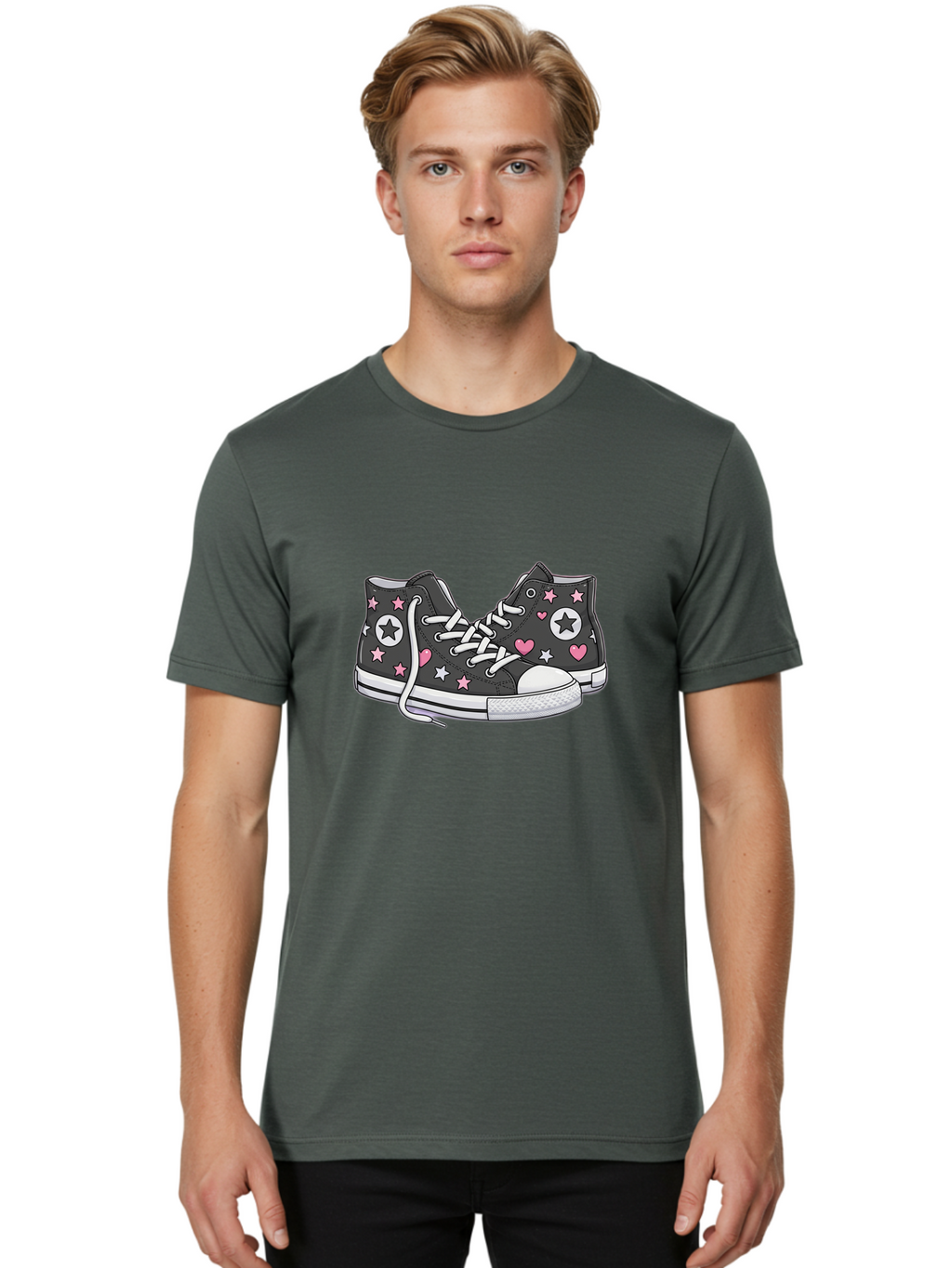 Sneakers-With-Stars-And-Hearts Men'S Graphic Tee, 100% Cotton, Comfortable Casual Summer Wear, Machine Washable, Custom Sneakers, Star And Heart Designs, Fashion Footwear, Casual Wear, Pink And White Accents, Sneaker Art, Street Style, Bab432
