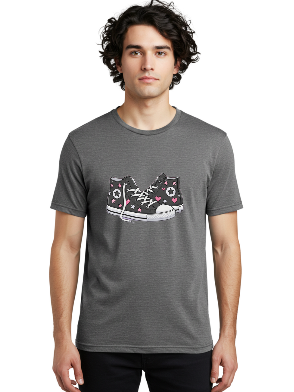 Sneakers-With-Stars-And-Hearts Men'S Graphic Tee, 100% Cotton, Comfortable Casual Summer Wear, Machine Washable, Custom Sneakers, Star And Heart Designs, Fashion Footwear, Casual Wear, Pink And White Accents, Sneaker Art, Street Style, Bab432