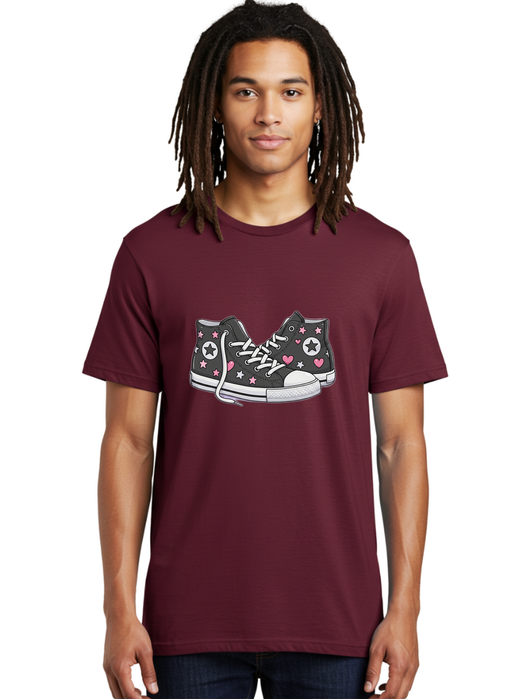 Sneakers-With-Stars-And-Hearts Men'S Graphic Tee, 100% Cotton, Comfortable Casual Summer Wear, Machine Washable, Custom Sneakers, Star And Heart Designs, Fashion Footwear, Casual Wear, Pink And White Accents, Sneaker Art, Street Style, Bab432