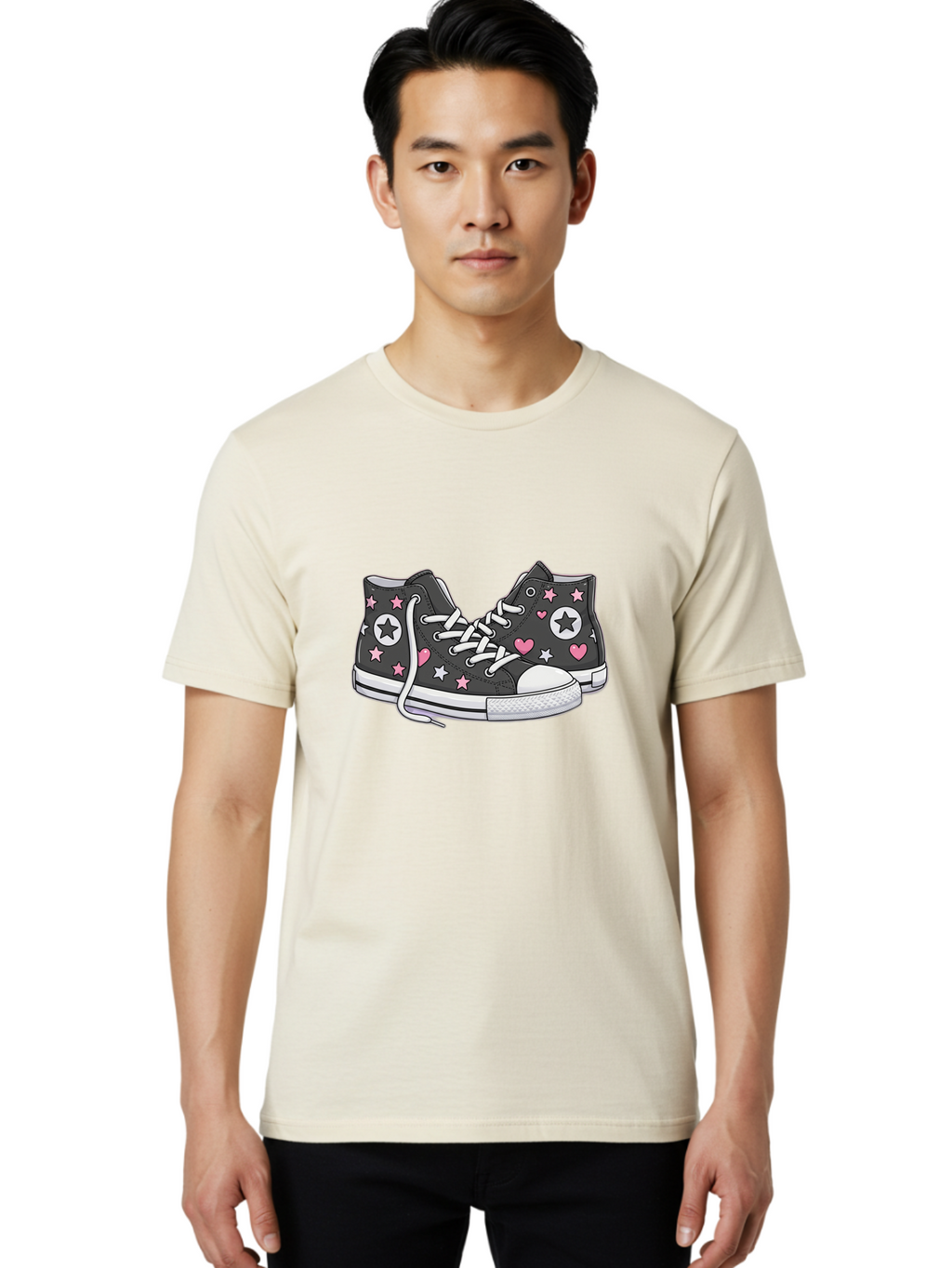 Sneakers-With-Stars-And-Hearts Men'S Graphic Tee, 100% Cotton, Comfortable Casual Summer Wear, Machine Washable, Custom Sneakers, Star And Heart Designs, Fashion Footwear, Casual Wear, Pink And White Accents, Sneaker Art, Street Style, Bab432