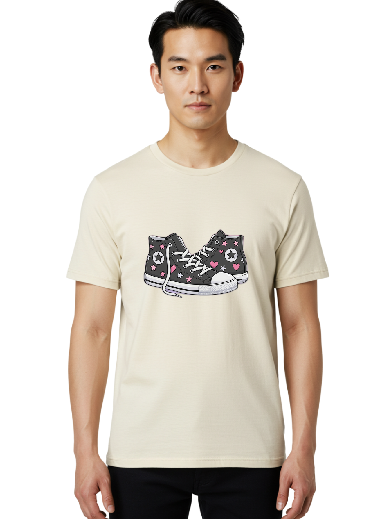 Sneakers-With-Stars-And-Hearts Men'S Graphic Tee, 100% Cotton, Comfortable Casual Summer Wear, Machine Washable, Custom Sneakers, Star And Heart Designs, Fashion Footwear, Casual Wear, Pink And White Accents, Sneaker Art, Street Style, Bab432