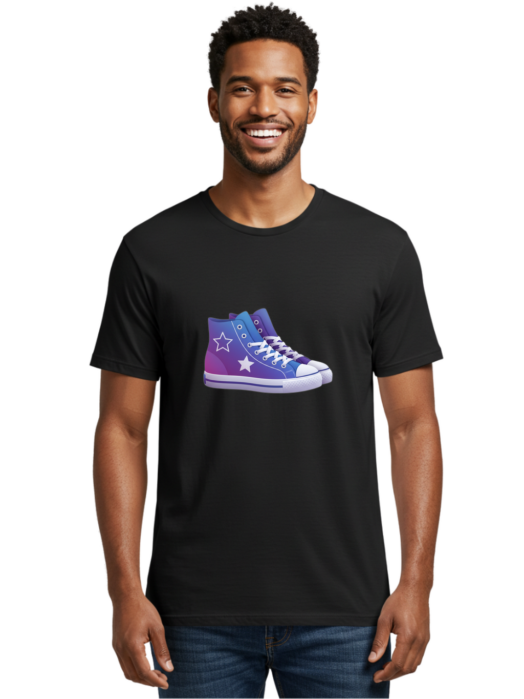 Sneakers-With-Stars Men'S Graphic Tee, 100% Cotton, Comfortable Casual Summer Wear, Machine Washable, Sneakers With Star Design, Purple Sneakers, Blue Sneakers, White Laces, Gradient Effect, Colorful Footwear, Streetwear Style, Casual Shoes, Bab433