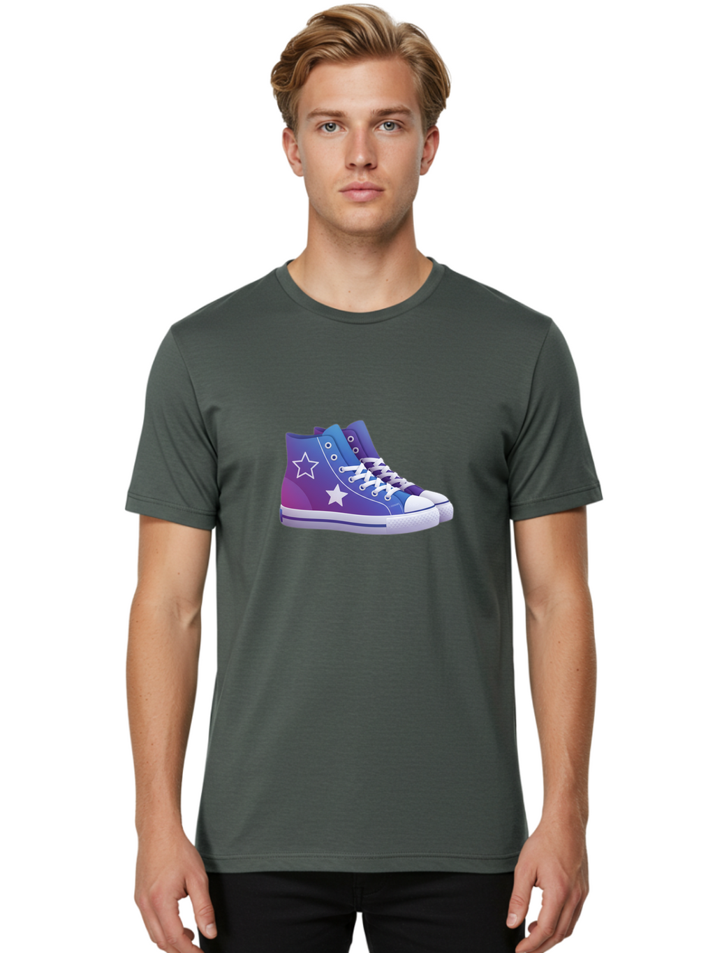 Sneakers-With-Stars Men'S Graphic Tee, 100% Cotton, Comfortable Casual Summer Wear, Machine Washable, Sneakers With Star Design, Purple Sneakers, Blue Sneakers, White Laces, Gradient Effect, Colorful Footwear, Streetwear Style, Casual Shoes, Bab433