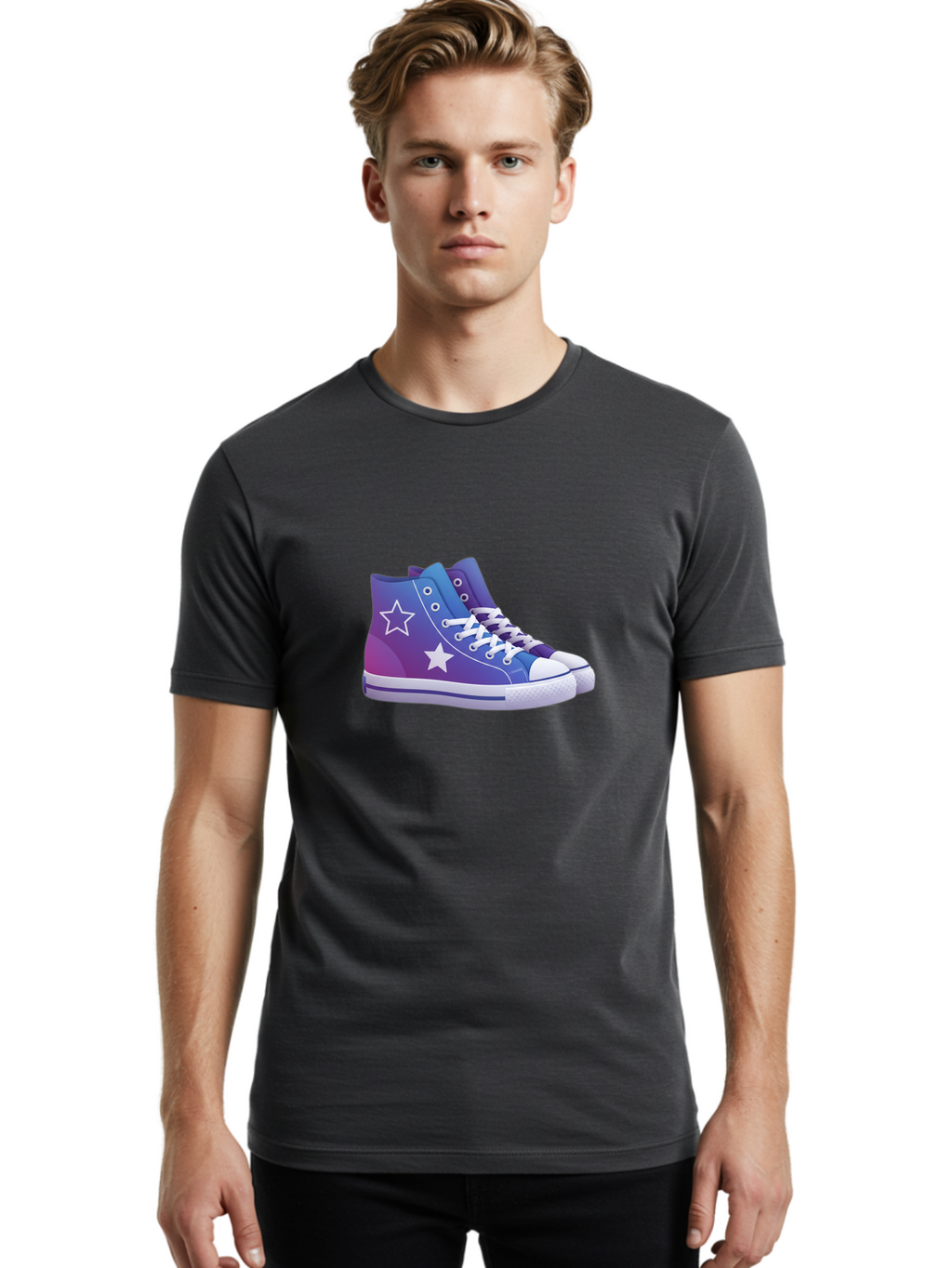 Sneakers-With-Stars Men'S Graphic Tee, 100% Cotton, Comfortable Casual Summer Wear, Machine Washable, Sneakers With Star Design, Purple Sneakers, Blue Sneakers, White Laces, Gradient Effect, Colorful Footwear, Streetwear Style, Casual Shoes, Bab433