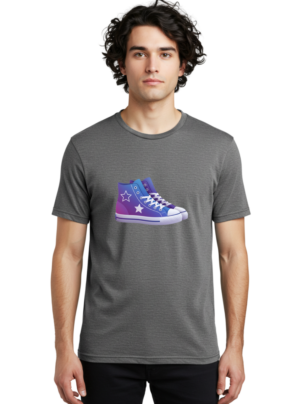 Sneakers-With-Stars Men'S Graphic Tee, 100% Cotton, Comfortable Casual Summer Wear, Machine Washable, Sneakers With Star Design, Purple Sneakers, Blue Sneakers, White Laces, Gradient Effect, Colorful Footwear, Streetwear Style, Casual Shoes, Bab433