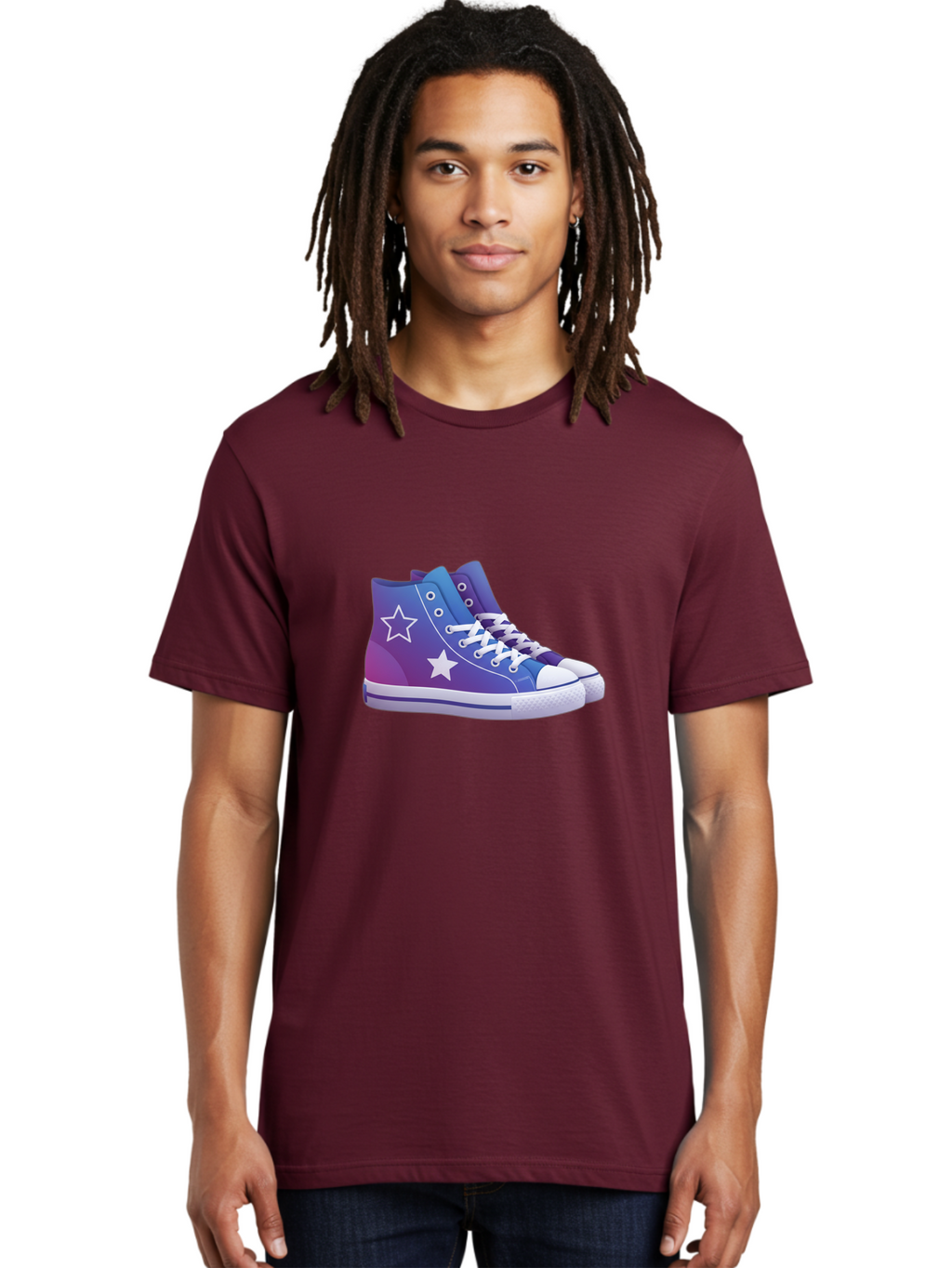 Sneakers-With-Stars Men'S Graphic Tee, 100% Cotton, Comfortable Casual Summer Wear, Machine Washable, Sneakers With Star Design, Purple Sneakers, Blue Sneakers, White Laces, Gradient Effect, Colorful Footwear, Streetwear Style, Casual Shoes, Bab433
