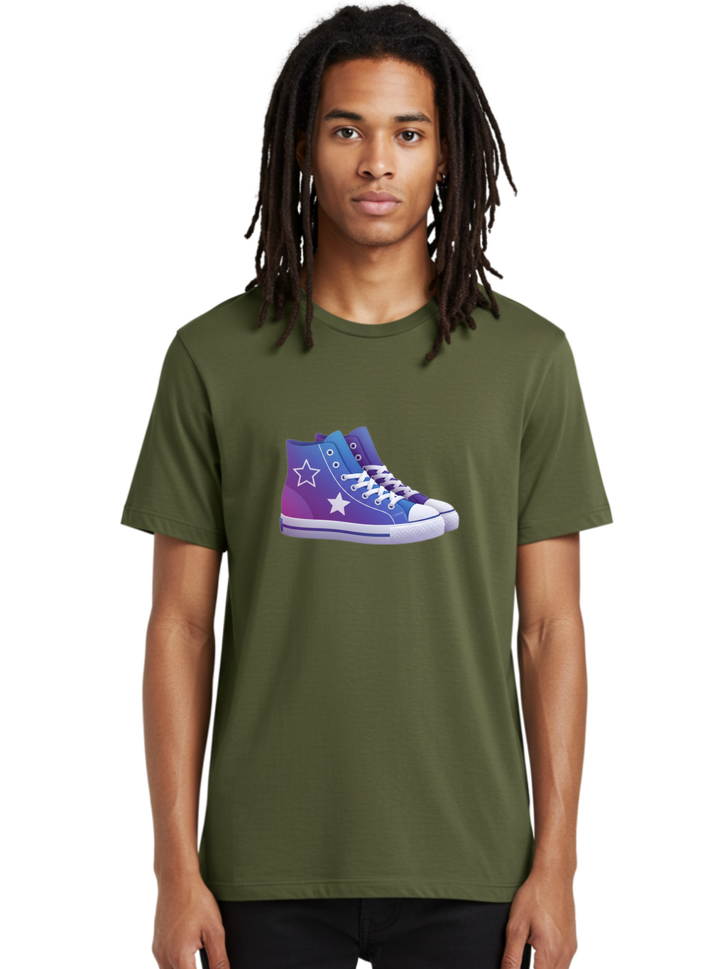 Sneakers-With-Stars Men'S Graphic Tee, 100% Cotton, Comfortable Casual Summer Wear, Machine Washable, Sneakers With Star Design, Purple Sneakers, Blue Sneakers, White Laces, Gradient Effect, Colorful Footwear, Streetwear Style, Casual Shoes, Bab433