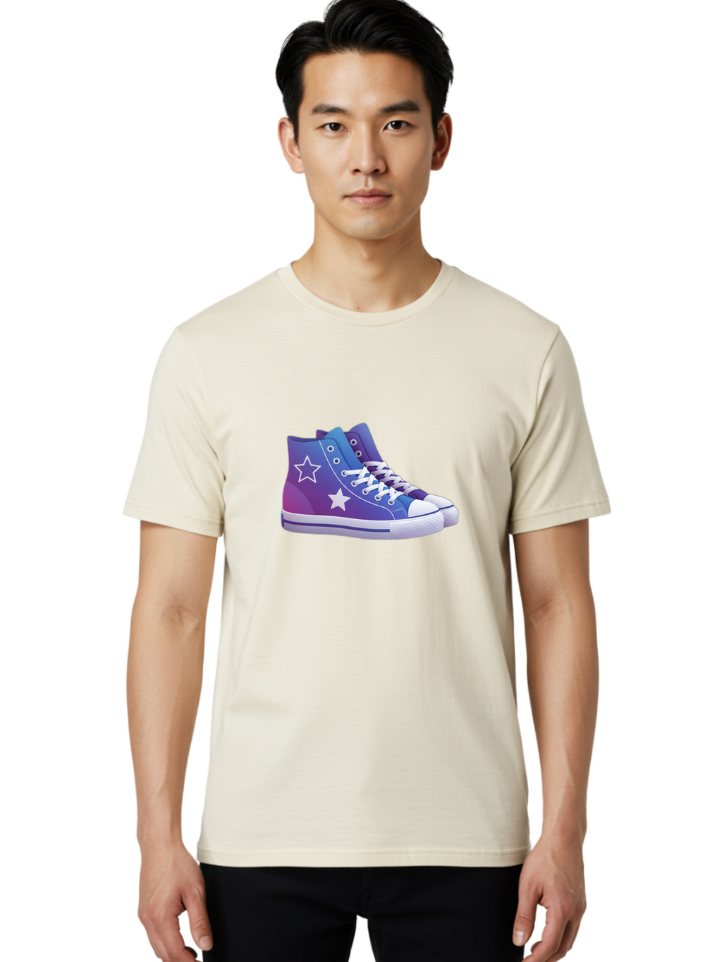 Sneakers-With-Stars Men'S Graphic Tee, 100% Cotton, Comfortable Casual Summer Wear, Machine Washable, Sneakers With Star Design, Purple Sneakers, Blue Sneakers, White Laces, Gradient Effect, Colorful Footwear, Streetwear Style, Casual Shoes, Bab433