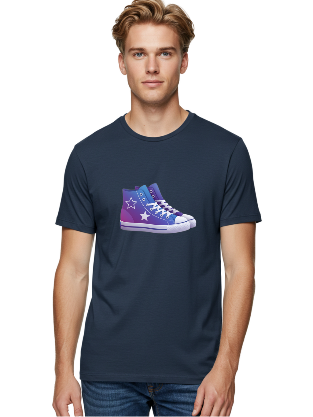 Sneakers-With-Stars Men'S Graphic Tee, 100% Cotton, Comfortable Casual Summer Wear, Machine Washable, Sneakers With Star Design, Purple Sneakers, Blue Sneakers, White Laces, Gradient Effect, Colorful Footwear, Streetwear Style, Casual Shoes, Bab433