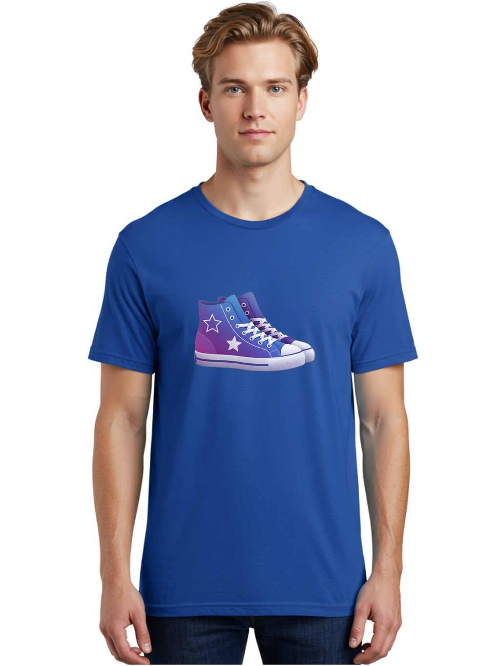 Sneakers-With-Stars Men'S Graphic Tee, 100% Cotton, Comfortable Casual Summer Wear, Machine Washable, Sneakers With Star Design, Purple Sneakers, Blue Sneakers, White Laces, Gradient Effect, Colorful Footwear, Streetwear Style, Casual Shoes, Bab433