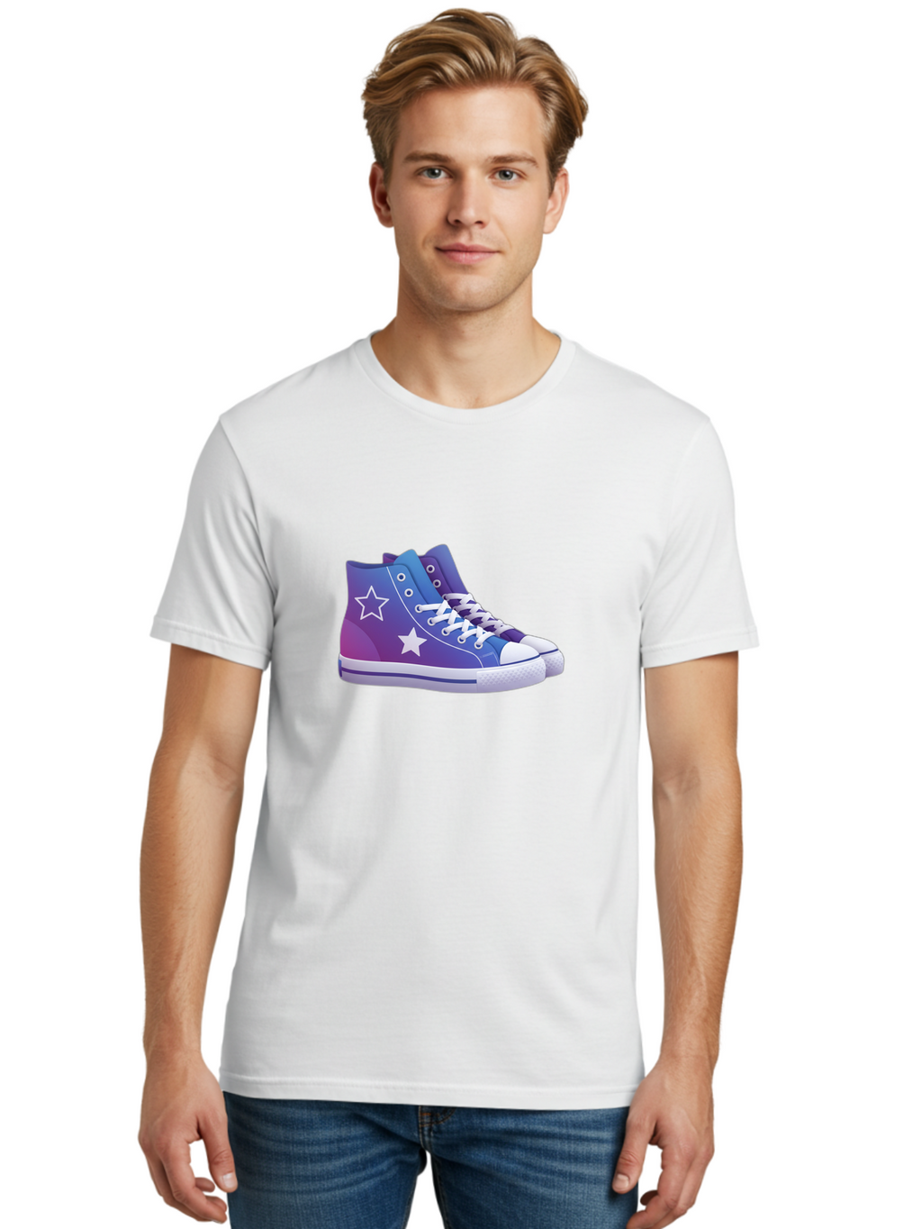 Sneakers-With-Stars Men'S Graphic Tee, 100% Cotton, Comfortable Casual Summer Wear, Machine Washable, Sneakers With Star Design, Purple Sneakers, Blue Sneakers, White Laces, Gradient Effect, Colorful Footwear, Streetwear Style, Casual Shoes, Bab433