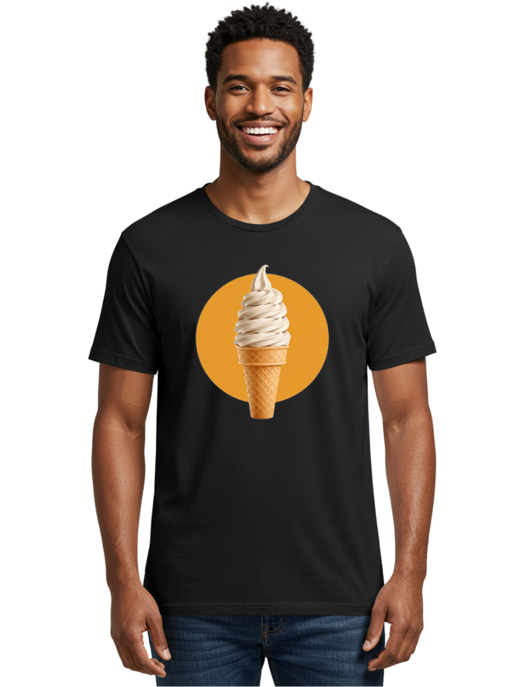 Soft-Serve-Ice-Cream-Cone-1 Men'S Graphic Tee, 100% Cotton, Comfortable Casual Summer Wear, Machine Washable, Soft Serve Ice Cream, Ice Cream Cone, Waffle Cone, Vanilla Ice Cream, Swirly Ice Cream, Summer Treats, Dessert, Sweet Tooth, Bab434