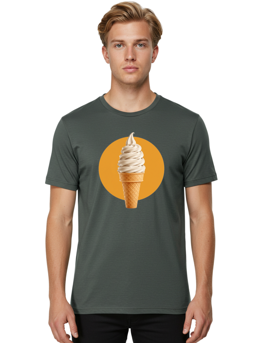 Soft-Serve-Ice-Cream-Cone-1 Men'S Graphic Tee, 100% Cotton, Comfortable Casual Summer Wear, Machine Washable, Soft Serve Ice Cream, Ice Cream Cone, Waffle Cone, Vanilla Ice Cream, Swirly Ice Cream, Summer Treats, Dessert, Sweet Tooth, Bab434