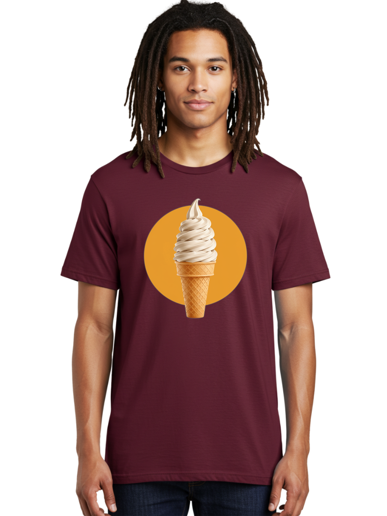 Soft-Serve-Ice-Cream-Cone-1 Men'S Graphic Tee, 100% Cotton, Comfortable Casual Summer Wear, Machine Washable, Soft Serve Ice Cream, Ice Cream Cone, Waffle Cone, Vanilla Ice Cream, Swirly Ice Cream, Summer Treats, Dessert, Sweet Tooth, Bab434