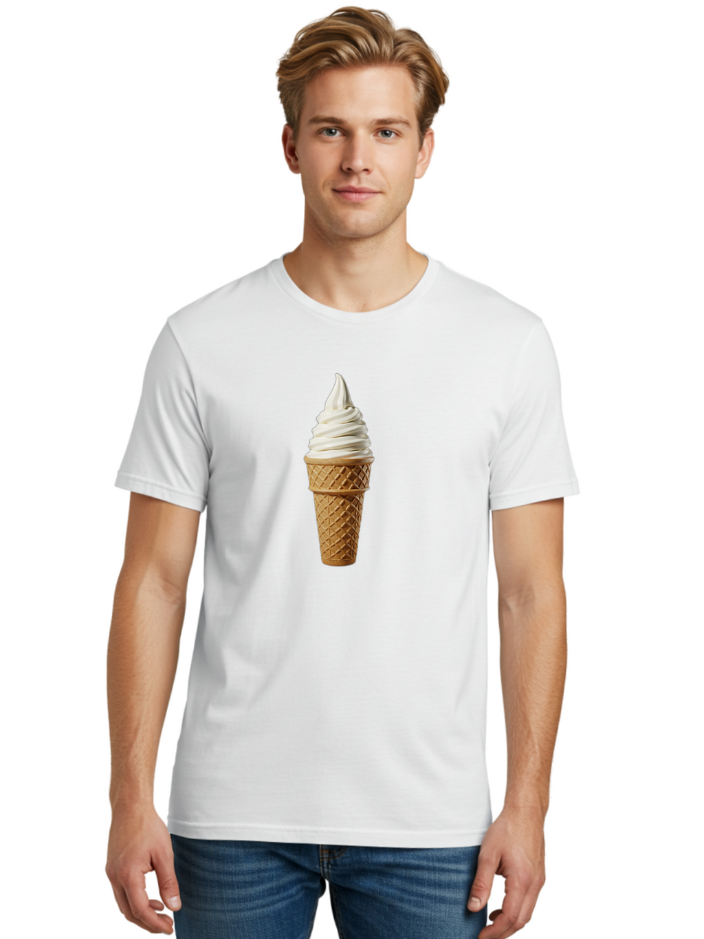 Soft-Serve-Ice-Cream Men'S Graphic Tee, 100% Cotton, Comfortable Casual Summer Wear, Machine Washable, Soft Serve Ice Cream, Waffle Cone, Vanilla Ice Cream, Frozen Treat, Sweet Indulgence, Creamy Texture, Ice Cream Cone, Summer Dessert Bab436