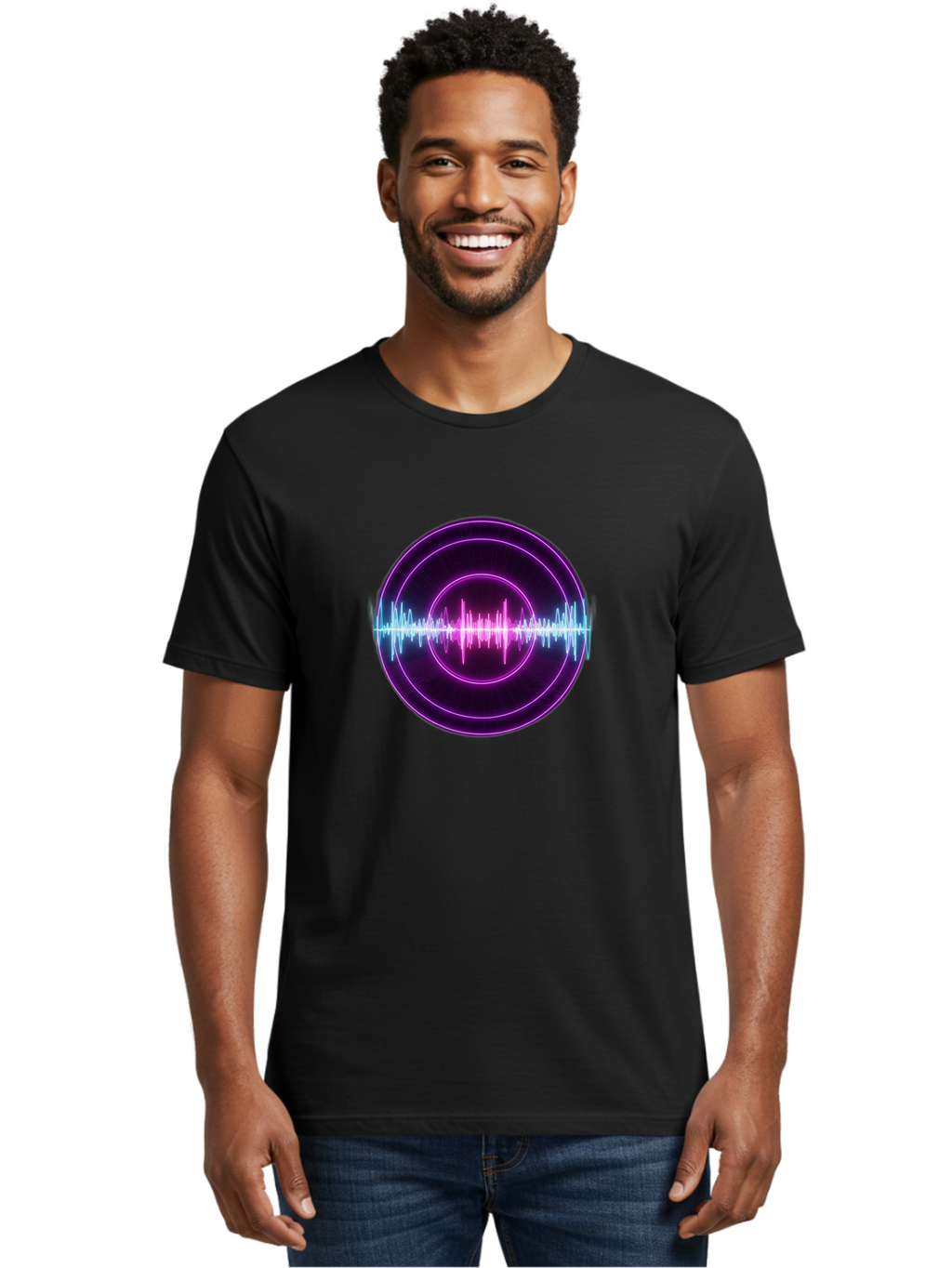 Sound-Wave Men'S Graphic Tee, 100% Cotton, Comfortable Casual Summer Wear, Machine Washable, Sound Wave, Audio Signal, Purple Neon Lights, Futuristic Design, Music Visualizer, Waveform Graphic, Digital Art, Glowing Effect Bab439