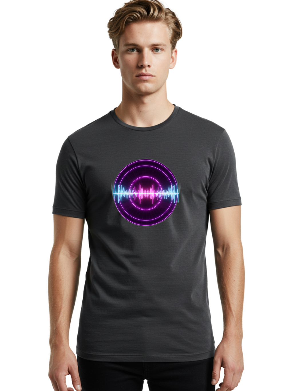Sound-Wave Men'S Graphic Tee, 100% Cotton, Comfortable Casual Summer Wear, Machine Washable, Sound Wave, Audio Signal, Purple Neon Lights, Futuristic Design, Music Visualizer, Waveform Graphic, Digital Art, Glowing Effect Bab439