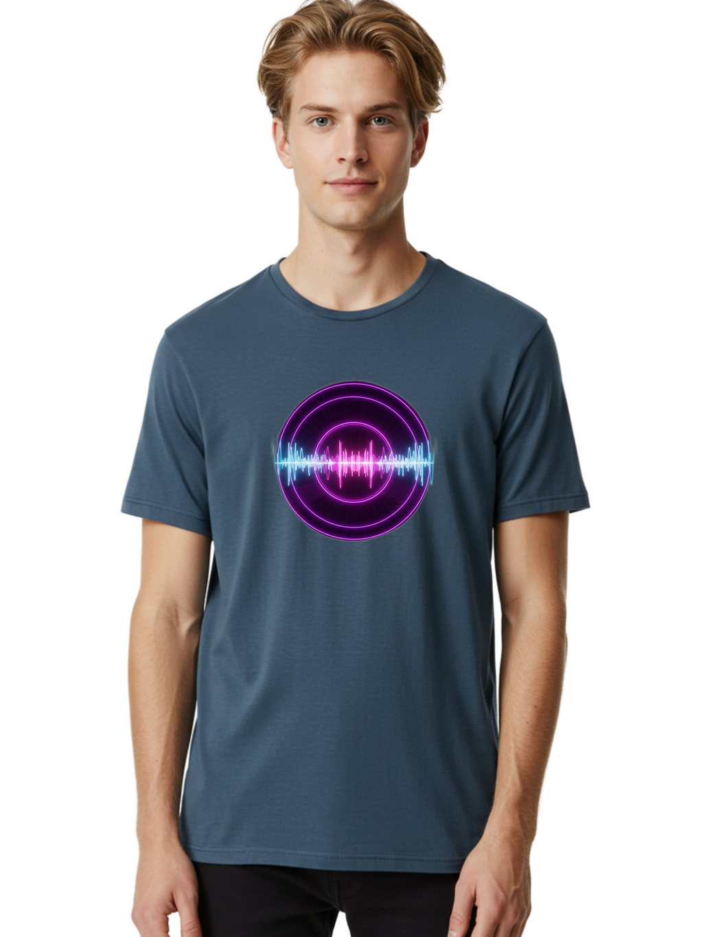 Sound-Wave Men'S Graphic Tee, 100% Cotton, Comfortable Casual Summer Wear, Machine Washable, Sound Wave, Audio Signal, Purple Neon Lights, Futuristic Design, Music Visualizer, Waveform Graphic, Digital Art, Glowing Effect Bab439