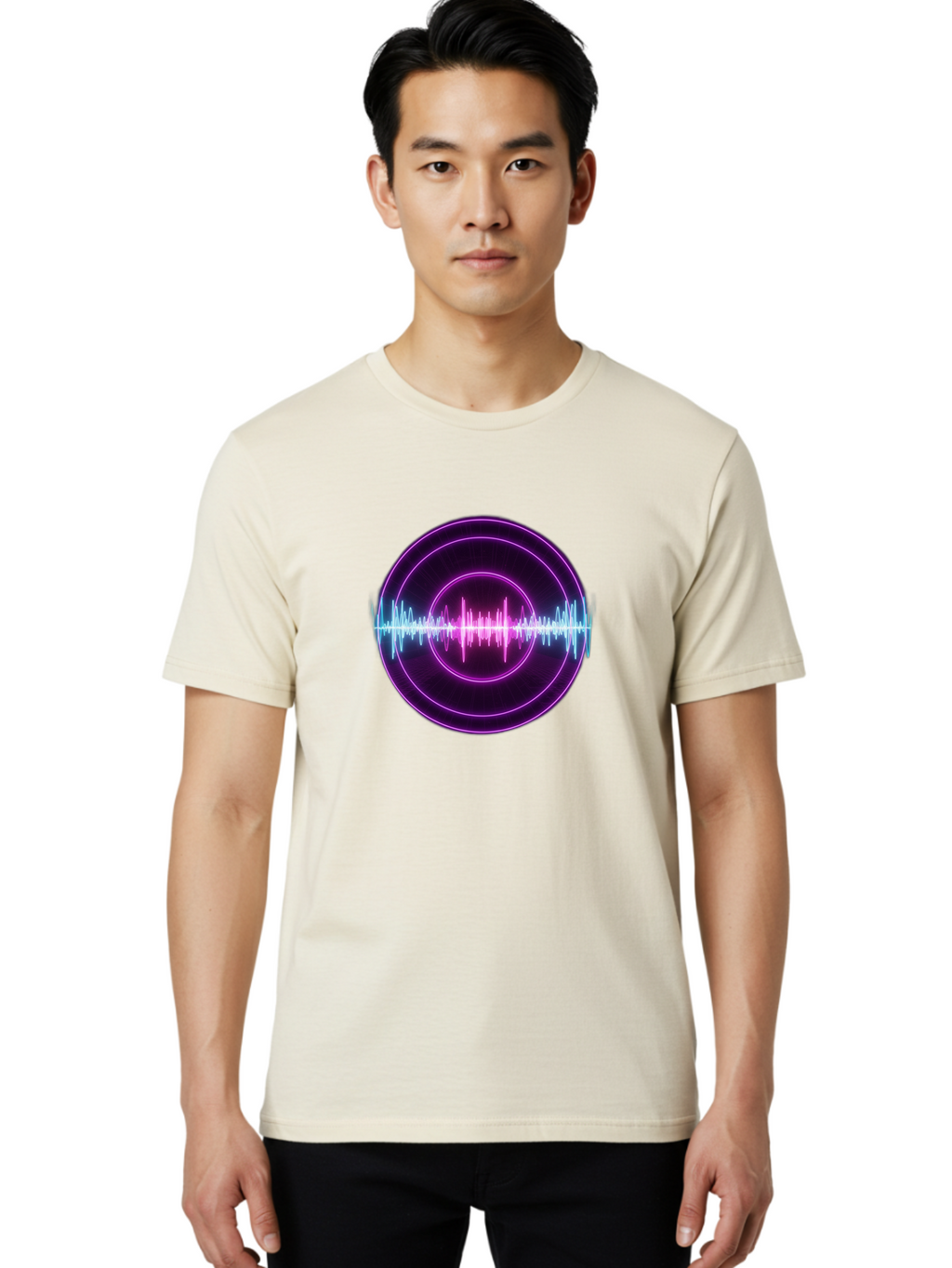 Sound-Wave Men'S Graphic Tee, 100% Cotton, Comfortable Casual Summer Wear, Machine Washable, Sound Wave, Audio Signal, Purple Neon Lights, Futuristic Design, Music Visualizer, Waveform Graphic, Digital Art, Glowing Effect Bab439