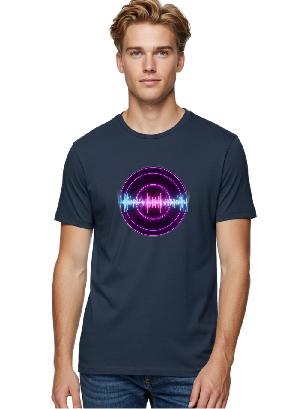 Sound-Wave Men'S Graphic Tee, 100% Cotton, Comfortable Casual Summer Wear, Machine Washable, Sound Wave, Audio Signal, Purple Neon Lights, Futuristic Design, Music Visualizer, Waveform Graphic, Digital Art, Glowing Effect Bab439