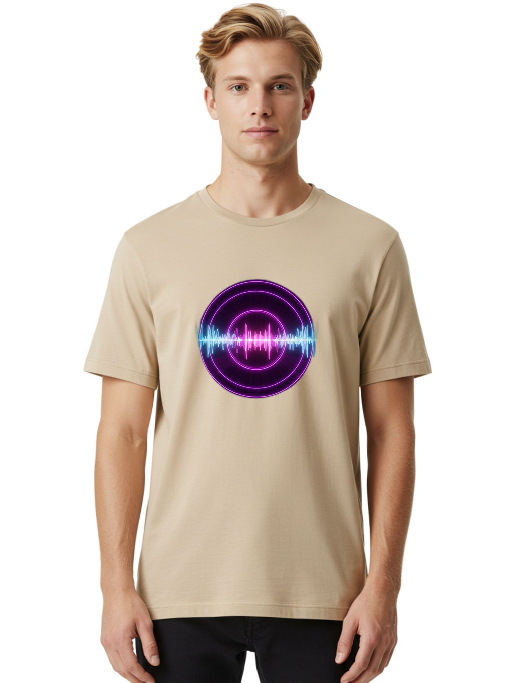Sound-Wave Men'S Graphic Tee, 100% Cotton, Comfortable Casual Summer Wear, Machine Washable, Sound Wave, Audio Signal, Purple Neon Lights, Futuristic Design, Music Visualizer, Waveform Graphic, Digital Art, Glowing Effect Bab439