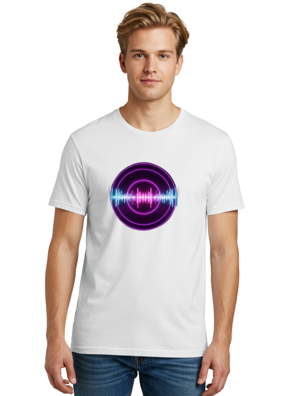 Sound-Wave Men'S Graphic Tee, 100% Cotton, Comfortable Casual Summer Wear, Machine Washable, Sound Wave, Audio Signal, Purple Neon Lights, Futuristic Design, Music Visualizer, Waveform Graphic, Digital Art, Glowing Effect Bab439