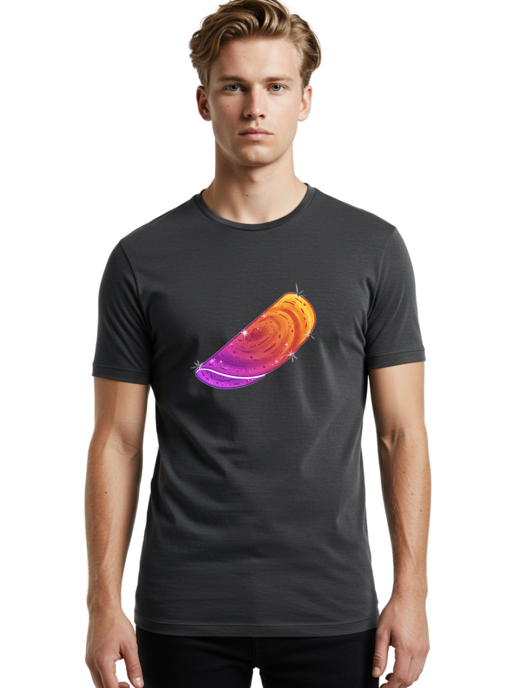 Sparkling-Dosa Men'S Graphic Tee, 100% Cotton, Comfortable Casual Summer Wear, Machine Washable, Vibrant Purple And Orange Design, Swirling Patterns, Shiny Surface, Sparkles, Mesmerizing Graphics, Abstract Art, Colorful Illustration, Bab442