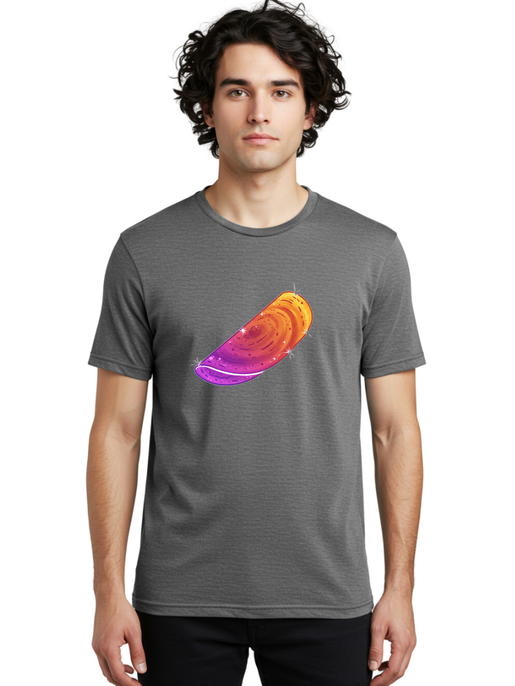 Sparkling-Dosa Men'S Graphic Tee, 100% Cotton, Comfortable Casual Summer Wear, Machine Washable, Vibrant Purple And Orange Design, Swirling Patterns, Shiny Surface, Sparkles, Mesmerizing Graphics, Abstract Art, Colorful Illustration, Bab442