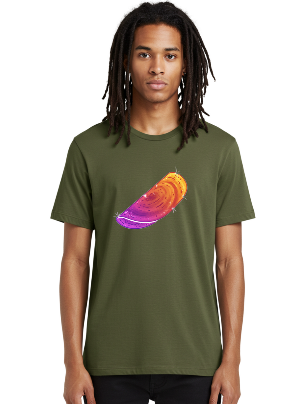 Sparkling-Dosa Men'S Graphic Tee, 100% Cotton, Comfortable Casual Summer Wear, Machine Washable, Vibrant Purple And Orange Design, Swirling Patterns, Shiny Surface, Sparkles, Mesmerizing Graphics, Abstract Art, Colorful Illustration, Bab442