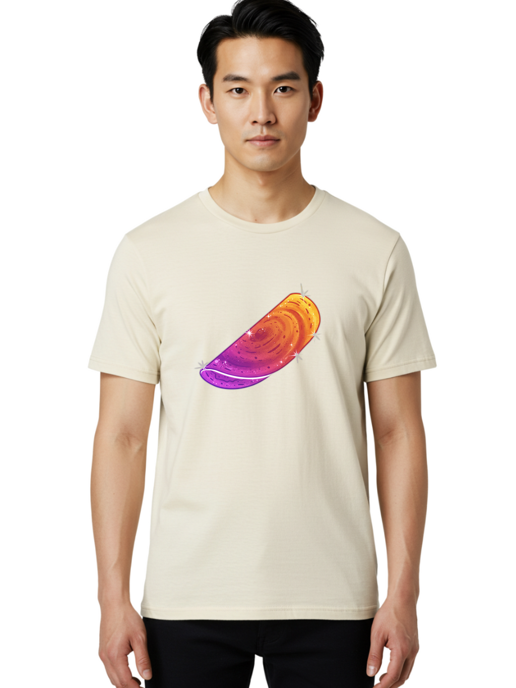 Sparkling-Dosa Men'S Graphic Tee, 100% Cotton, Comfortable Casual Summer Wear, Machine Washable, Vibrant Purple And Orange Design, Swirling Patterns, Shiny Surface, Sparkles, Mesmerizing Graphics, Abstract Art, Colorful Illustration, Bab442