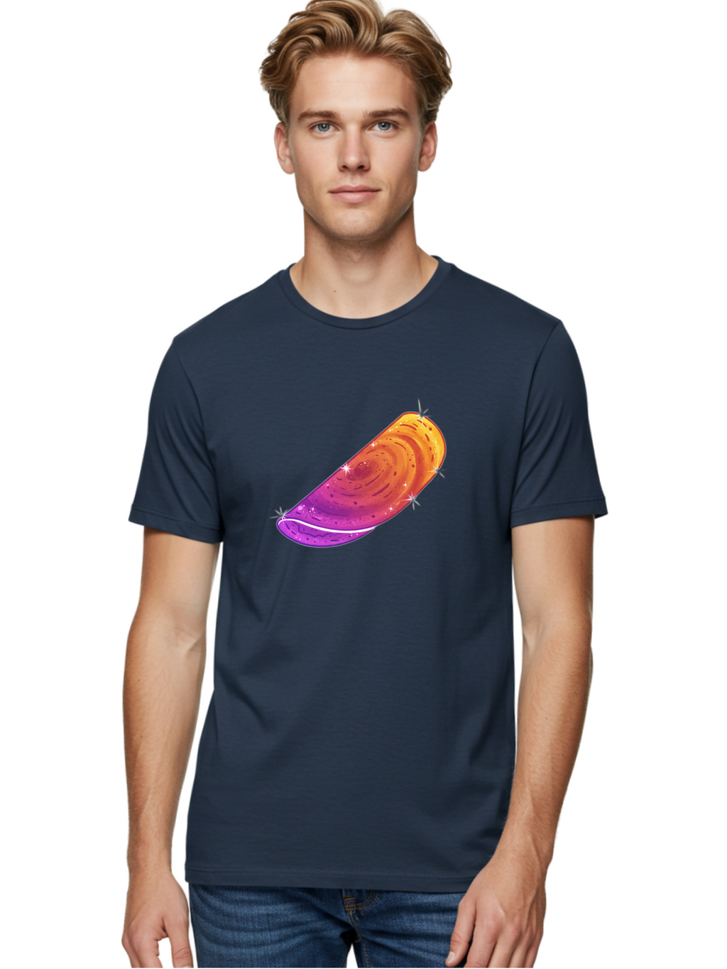 Sparkling-Dosa Men'S Graphic Tee, 100% Cotton, Comfortable Casual Summer Wear, Machine Washable, Vibrant Purple And Orange Design, Swirling Patterns, Shiny Surface, Sparkles, Mesmerizing Graphics, Abstract Art, Colorful Illustration, Bab442