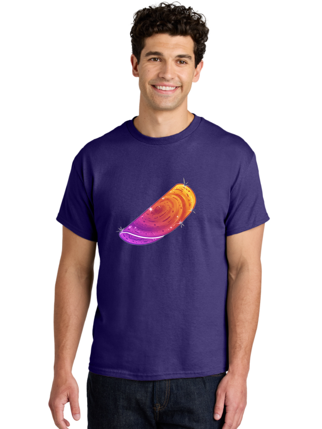 Sparkling-Dosa Men'S Graphic Tee, 100% Cotton, Comfortable Casual Summer Wear, Machine Washable, Vibrant Purple And Orange Design, Swirling Patterns, Shiny Surface, Sparkles, Mesmerizing Graphics, Abstract Art, Colorful Illustration, Bab442