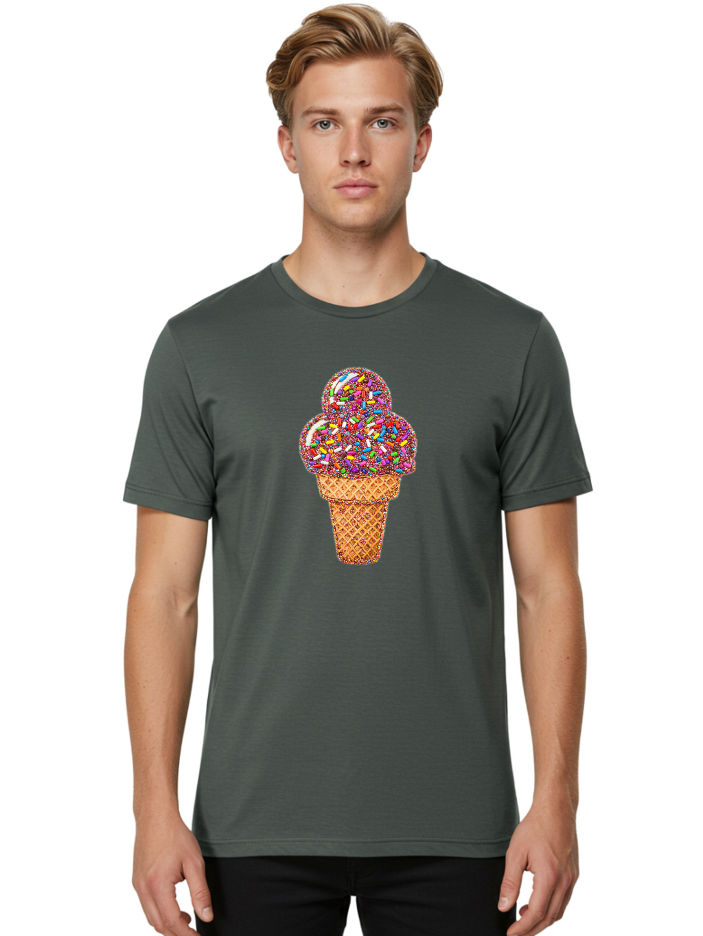 Sprinkle-Ice-Cream-Cone-1 Men'S Graphic Tee, 100% Cotton, Comfortable Casual Summer Wear, Machine Washable, Colorful Sprinkles, Ice Cream, Sweet Treats, Dessert, Waffle Cone, Rainbow Colors, Sprinkles Overload, Fun Snack, Sweet Delight, Candy, Bab443