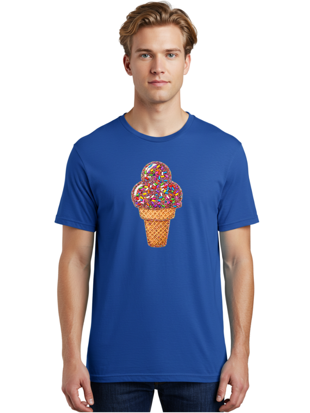 Sprinkle-Ice-Cream-Cone-1 Men'S Graphic Tee, 100% Cotton, Comfortable Casual Summer Wear, Machine Washable, Colorful Sprinkles, Ice Cream, Sweet Treats, Dessert, Waffle Cone, Rainbow Colors, Sprinkles Overload, Fun Snack, Sweet Delight, Candy, Bab443