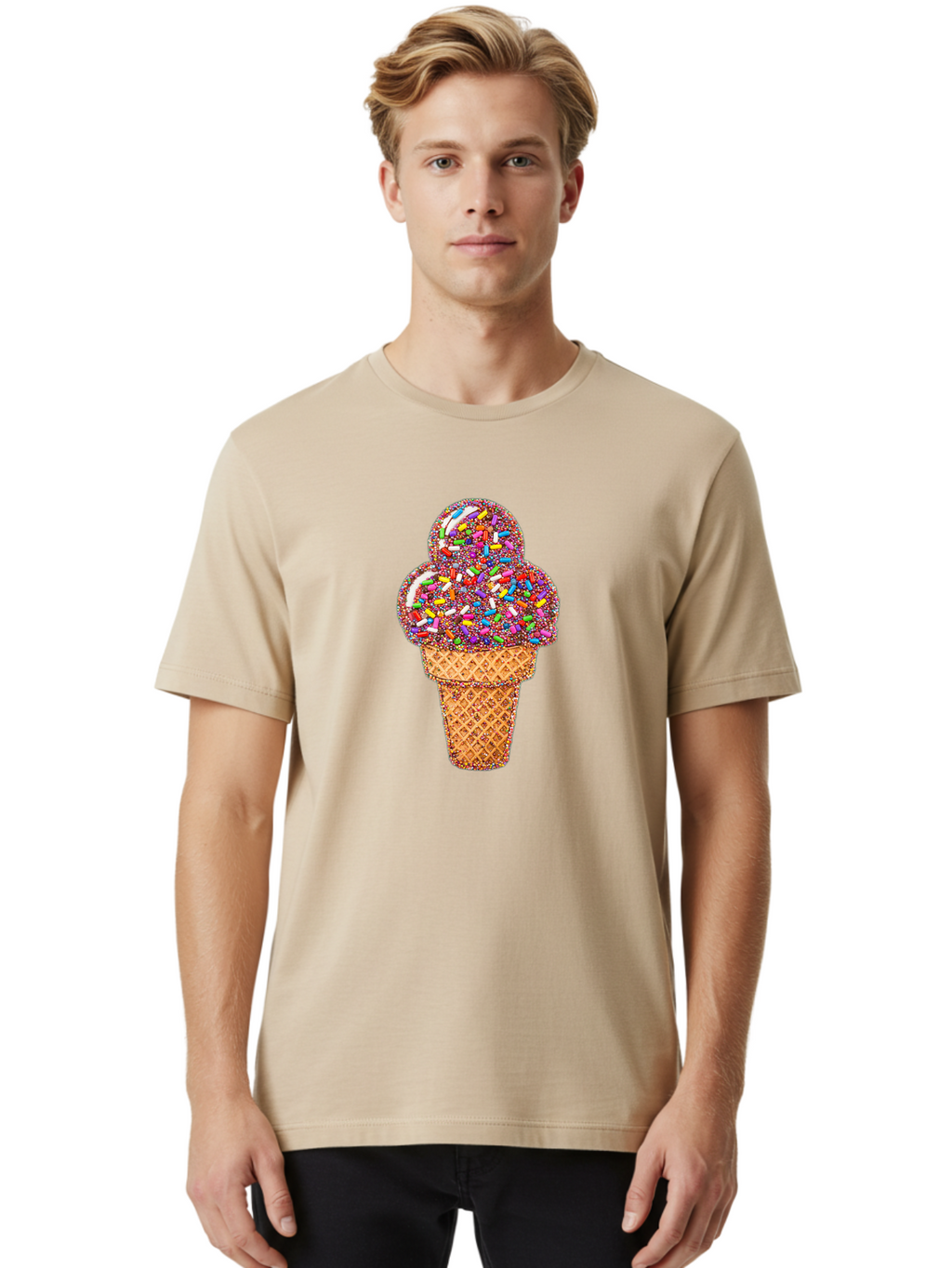 Sprinkle-Ice-Cream-Cone-1 Men'S Graphic Tee, 100% Cotton, Comfortable Casual Summer Wear, Machine Washable, Colorful Sprinkles, Ice Cream, Sweet Treats, Dessert, Waffle Cone, Rainbow Colors, Sprinkles Overload, Fun Snack, Sweet Delight, Candy, Bab443