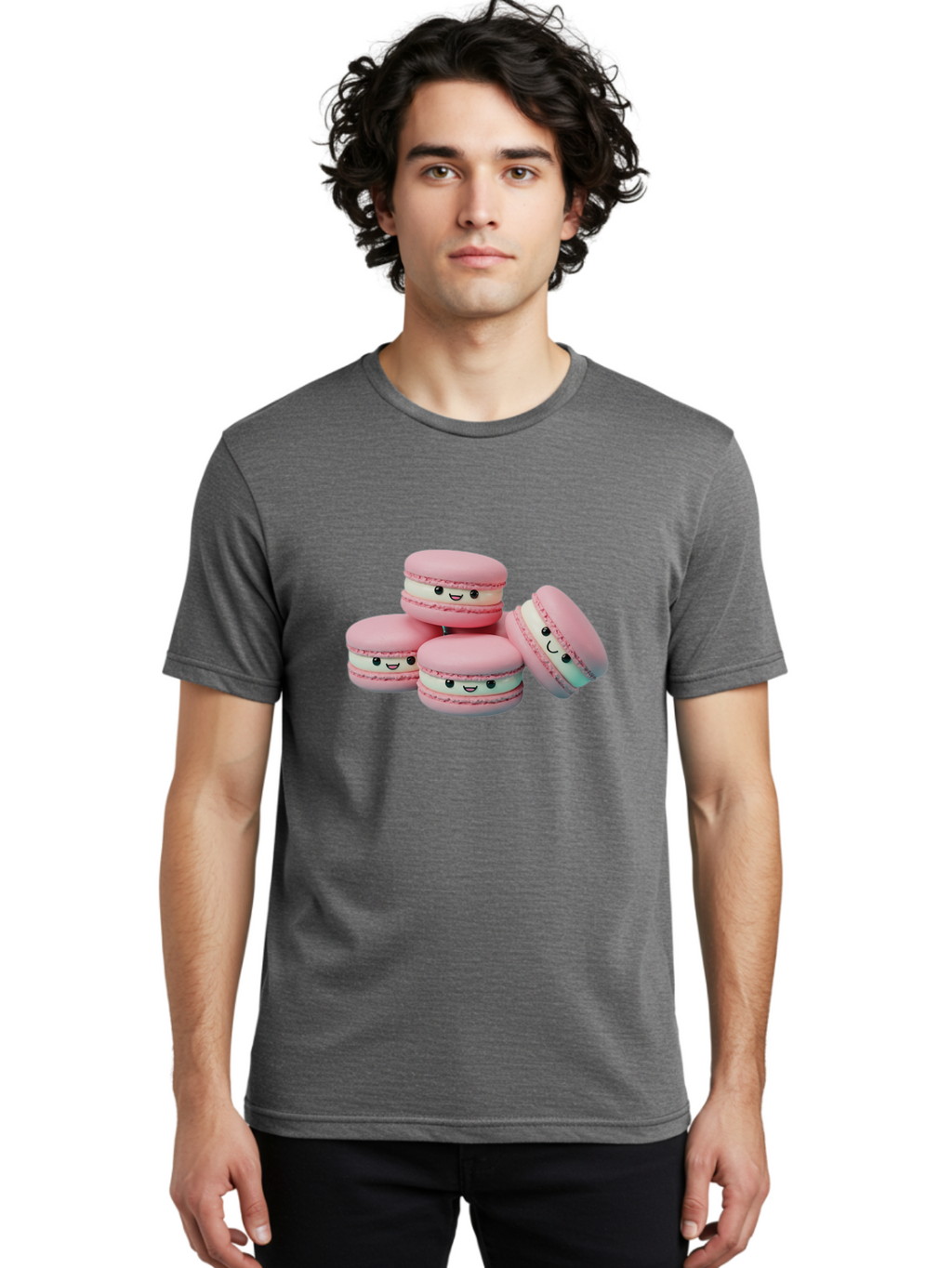 Squishy-Macarons Men'S Graphic Tee, 100% Cotton, Comfortable Casual Summer Wear, Machine Washable, Pink Macarons, Smiling Faces, Cute Desserts, Stack Of Macaroons, Sweet Treats, Adorable Faces, Tasty Macarons, Dessert Lovers, Kawaii Food Bab445