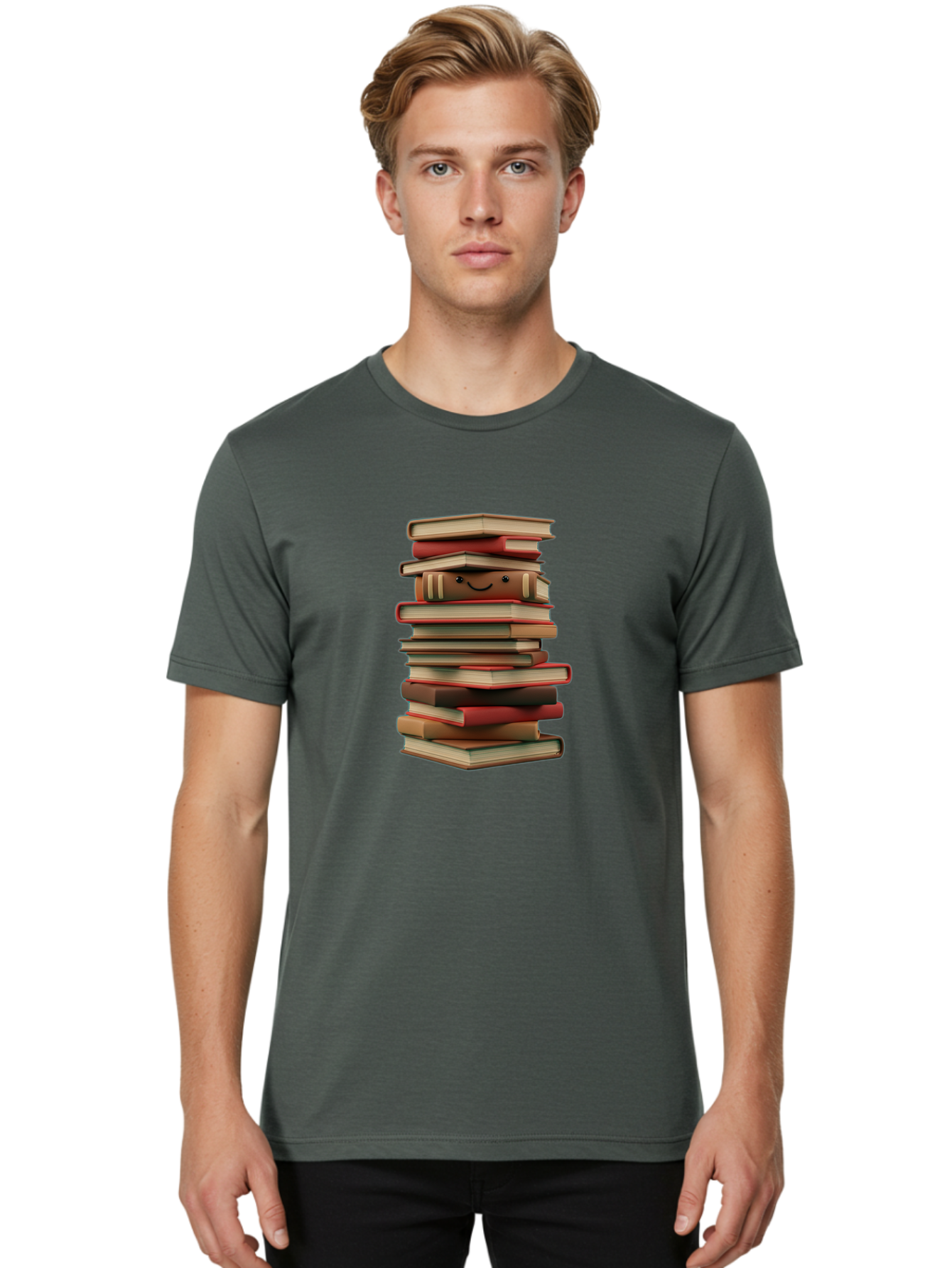 Stack-Of-Books Men'S Graphic Tee, 100% Cotton, Comfortable Casual Summer Wear, Machine Washable, Pile Of Books, Book Stack, Reading Material, Learning Resources, Education, Knowledge, Literature, Novel, Textbook, Happy Book Bab446