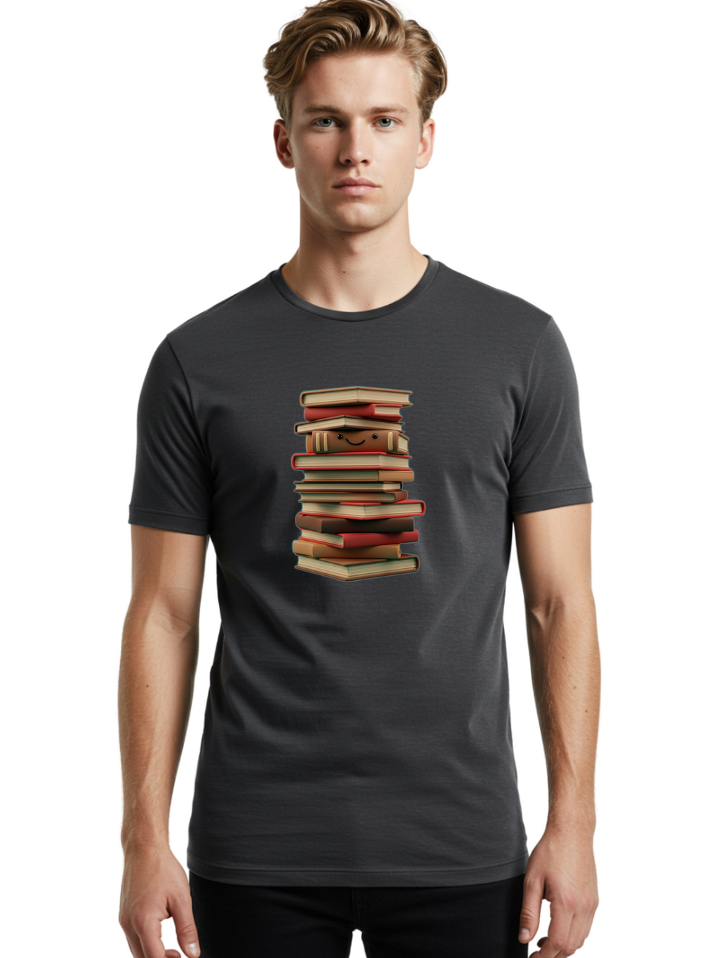 Stack-Of-Books Men'S Graphic Tee, 100% Cotton, Comfortable Casual Summer Wear, Machine Washable, Pile Of Books, Book Stack, Reading Material, Learning Resources, Education, Knowledge, Literature, Novel, Textbook, Happy Book Bab446