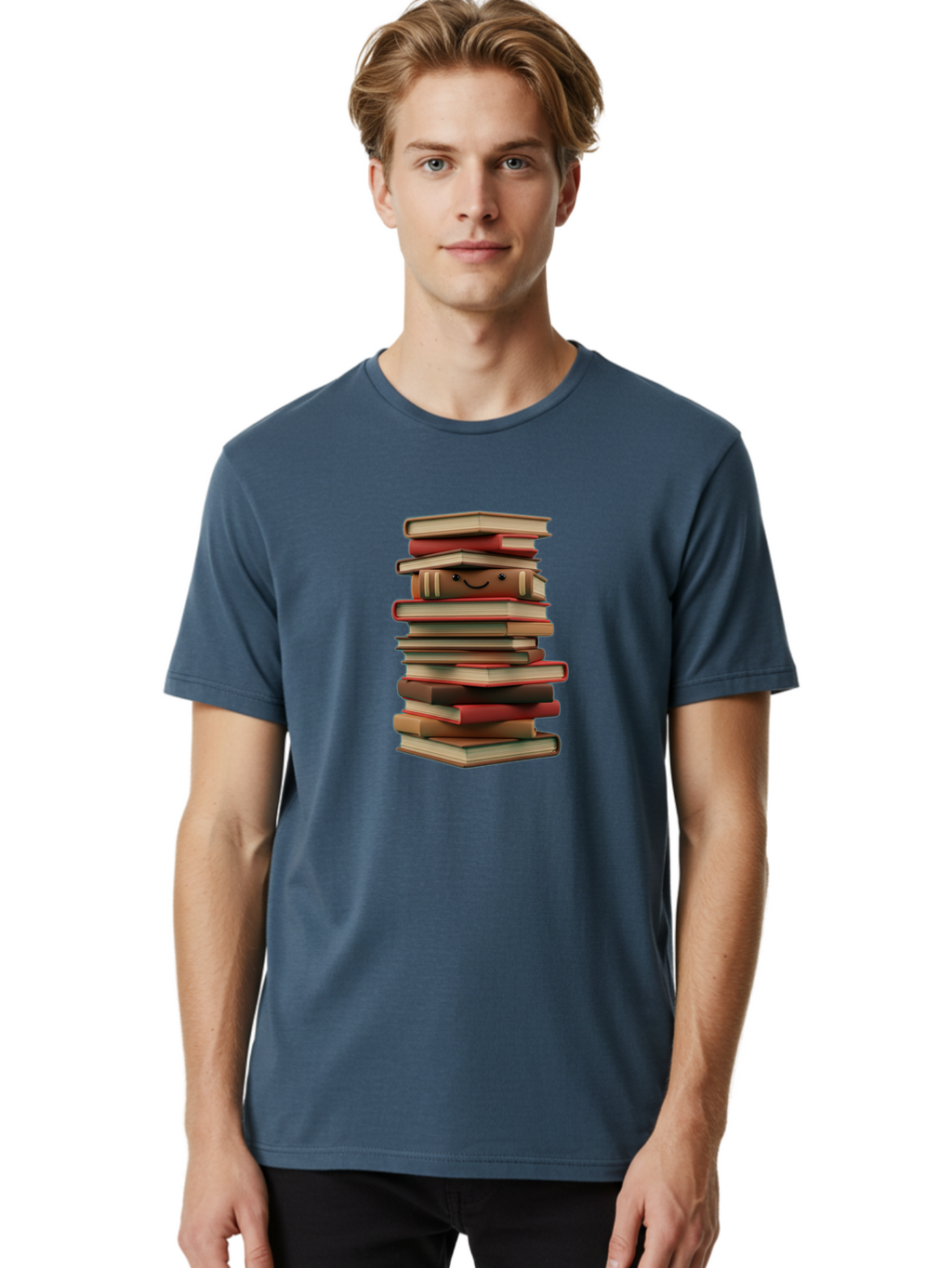 Stack-Of-Books Men'S Graphic Tee, 100% Cotton, Comfortable Casual Summer Wear, Machine Washable, Pile Of Books, Book Stack, Reading Material, Learning Resources, Education, Knowledge, Literature, Novel, Textbook, Happy Book Bab446
